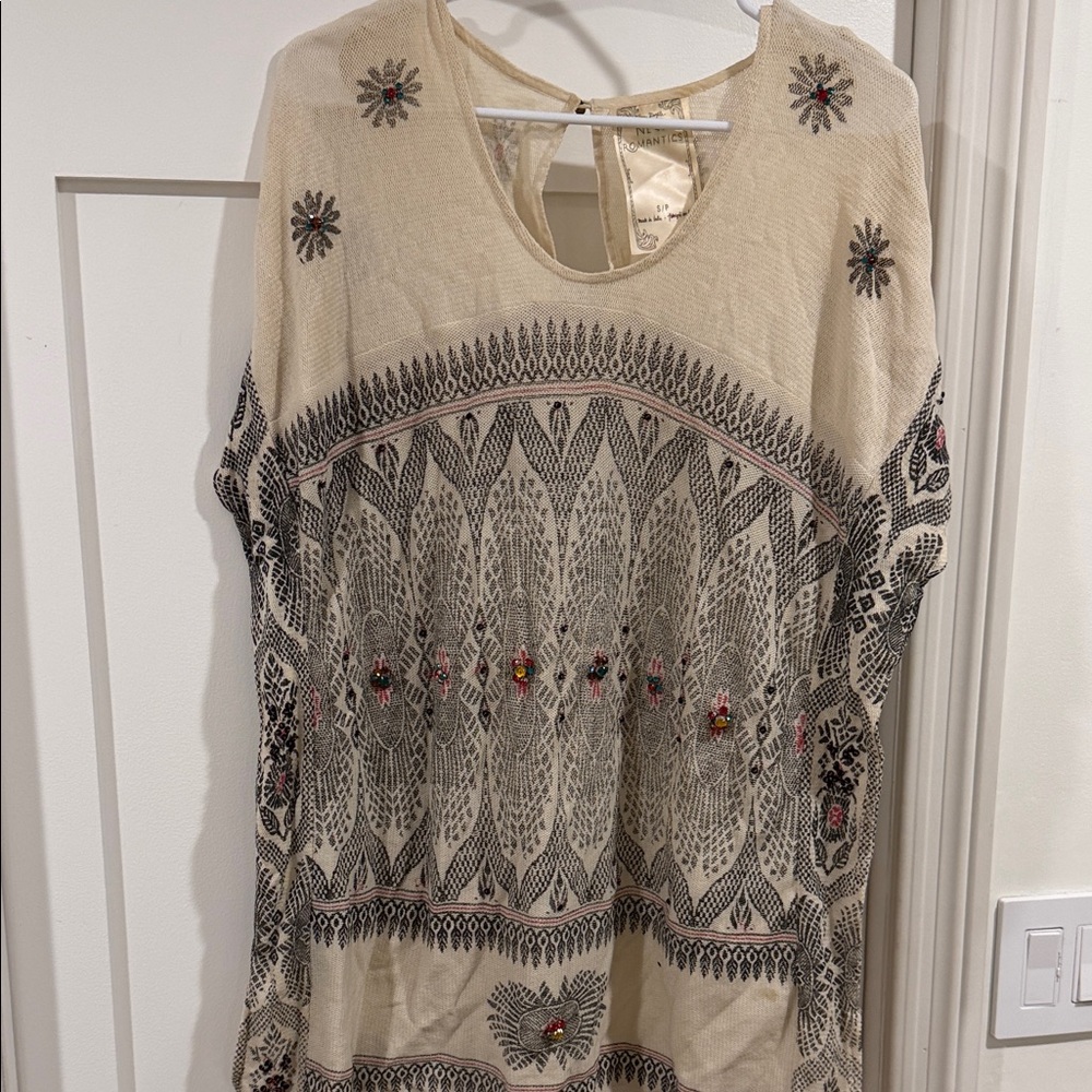 Free People Beige and Black Embroidered Blouse